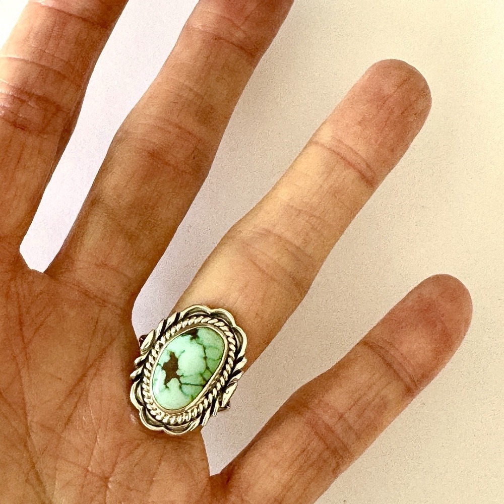 Navajo Turquoise Ring Sz 7 Signed V‎ Chee Rope Sterling Green Native American - Picture 2 of 6